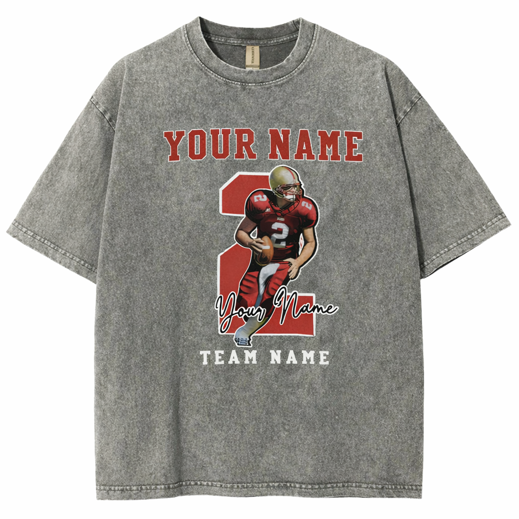 Personalized Football Pattern Unisex Fit Washed T-Shirt  – Custom Name & Number Game Day Tee