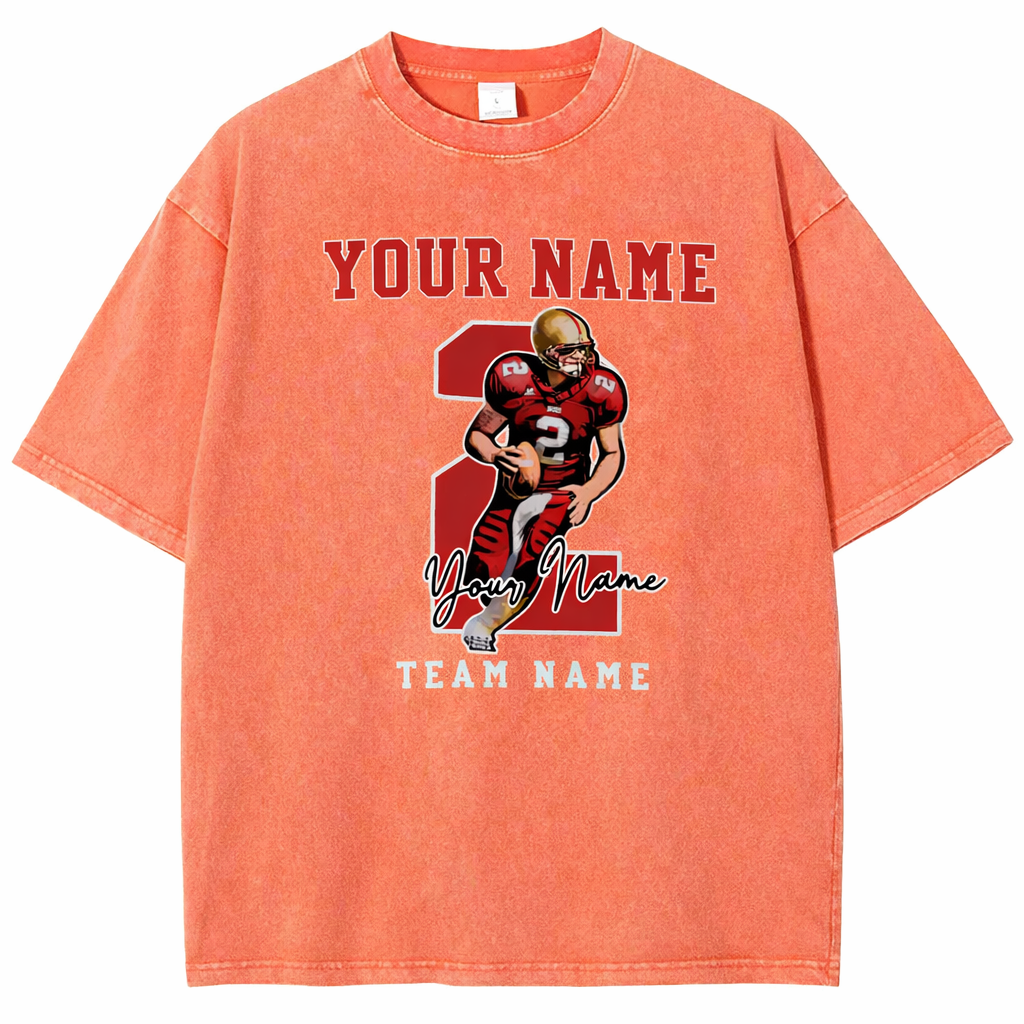 Personalized Football Pattern Unisex Fit Washed T-Shirt  – Custom Name & Number Game Day Tee