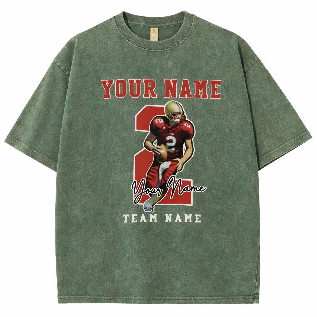 Personalized Football Pattern Unisex Fit Washed T-Shirt  – Custom Name & Number Game Day Tee