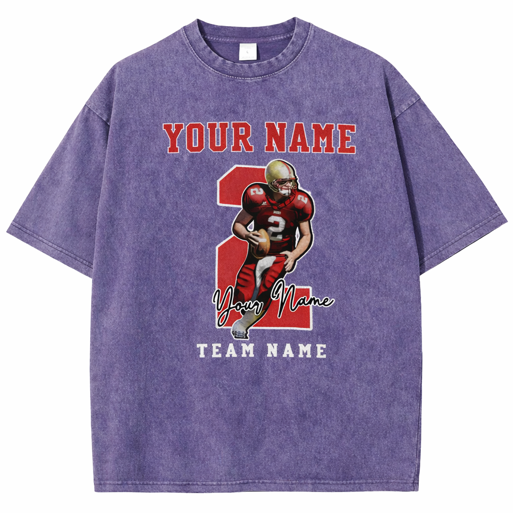 Personalized Football Pattern Unisex Fit Washed T-Shirt  – Custom Name & Number Game Day Tee