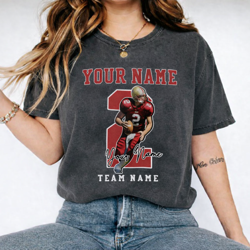 Personalized Football Pattern Unisex Fit Washed T-Shirt  – Custom Name & Number Game Day Tee