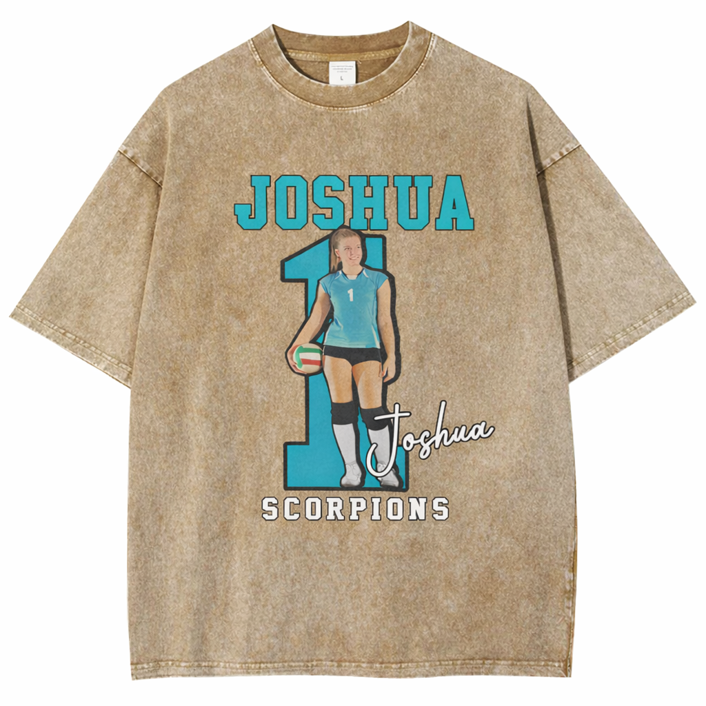 Personalized Volleyball Pattern Unisex Fit Washed T-Shirt  – Custom Name & Number Game Day Tee