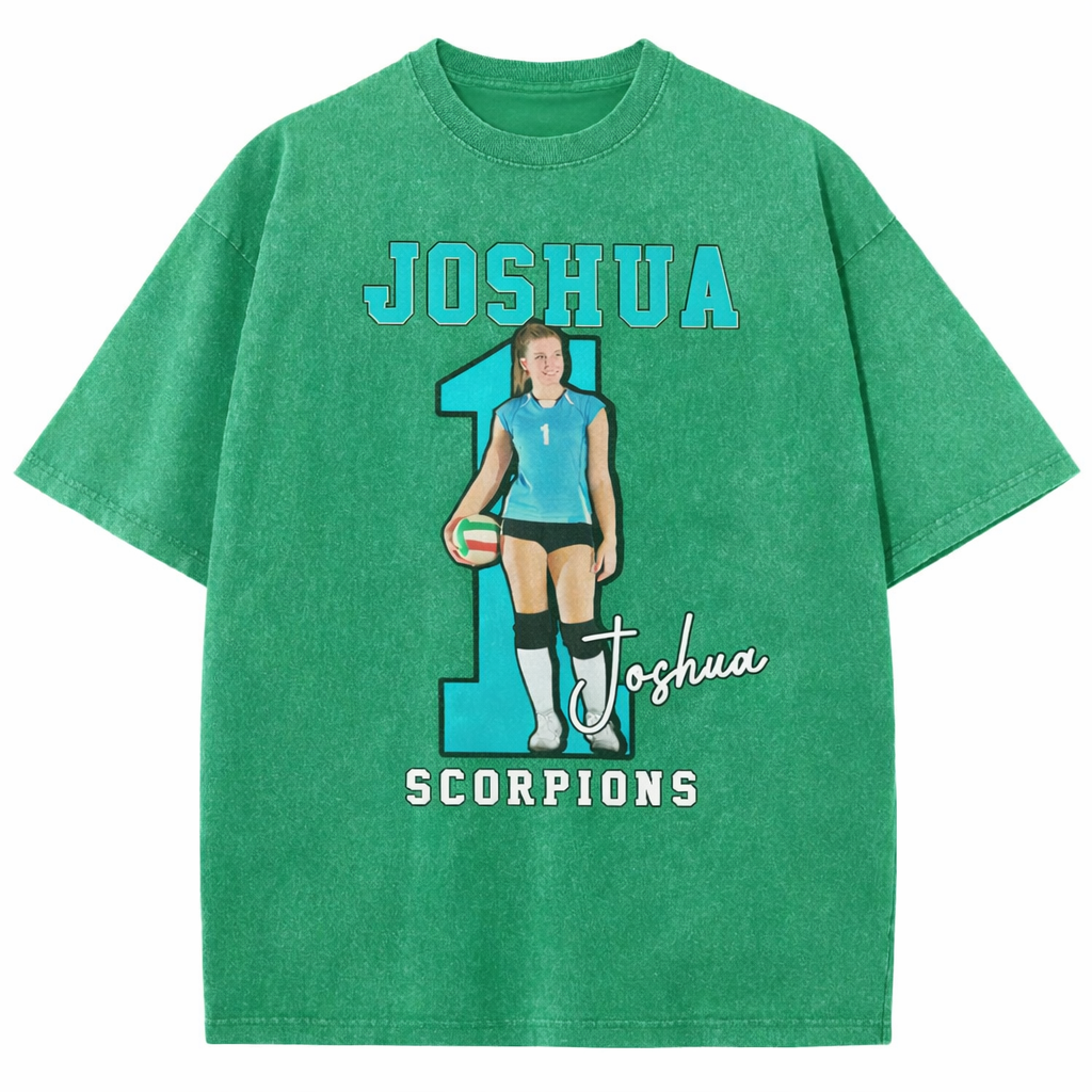 Personalized Volleyball Pattern Unisex Fit Washed T-Shirt  – Custom Name & Number Game Day Tee