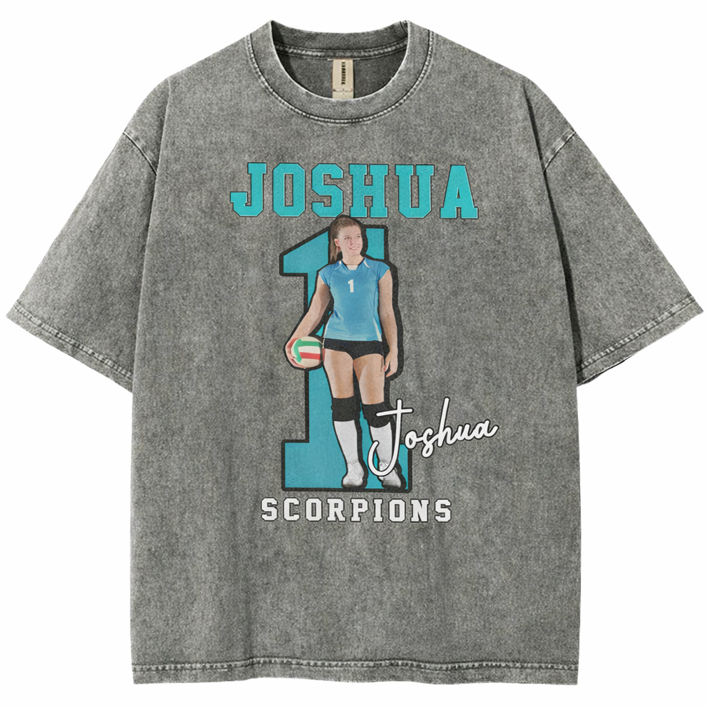 Personalized Volleyball Pattern Unisex Fit Washed T-Shirt  – Custom Name & Number Game Day Tee