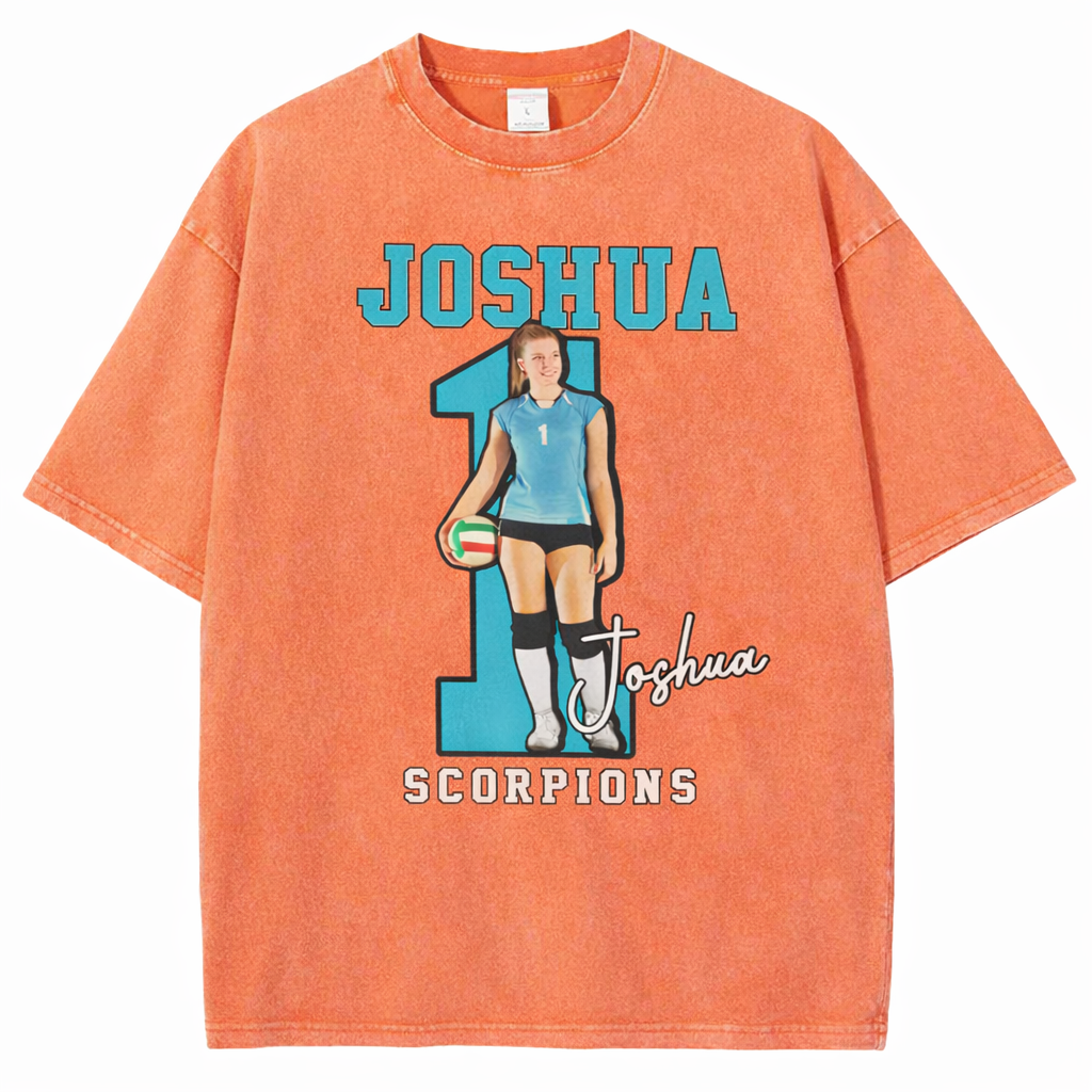 Personalized Volleyball Pattern Unisex Fit Washed T-Shirt  – Custom Name & Number Game Day Tee