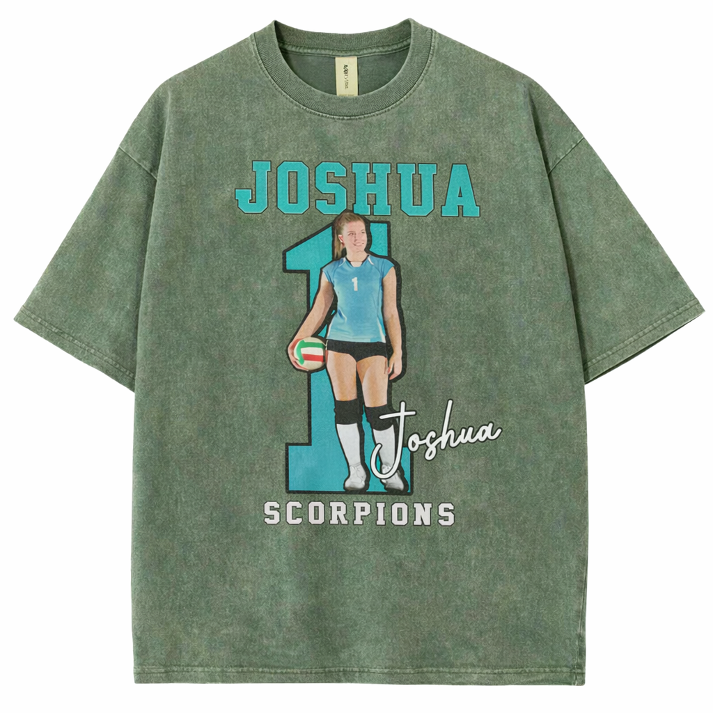 Personalized Volleyball Pattern Unisex Fit Washed T-Shirt  – Custom Name & Number Game Day Tee