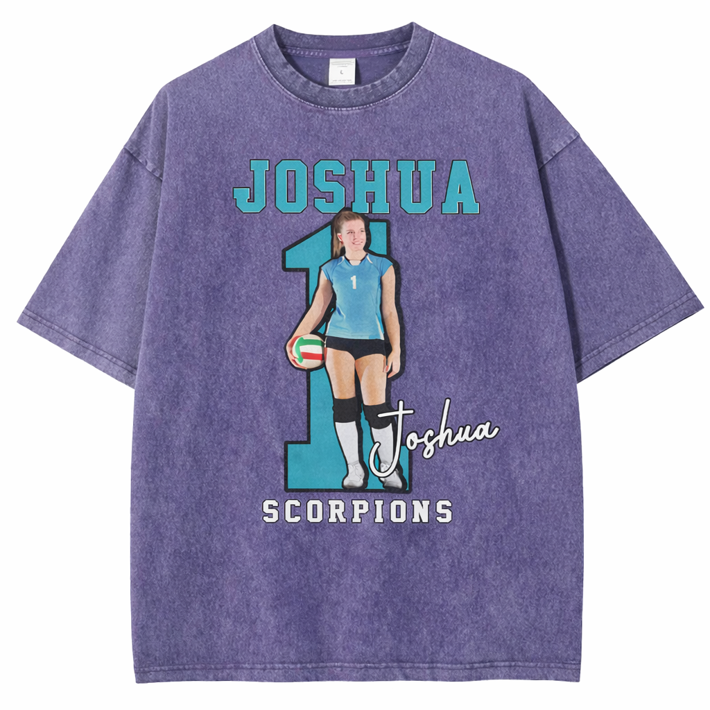 Personalized Volleyball Pattern Unisex Fit Washed T-Shirt  – Custom Name & Number Game Day Tee