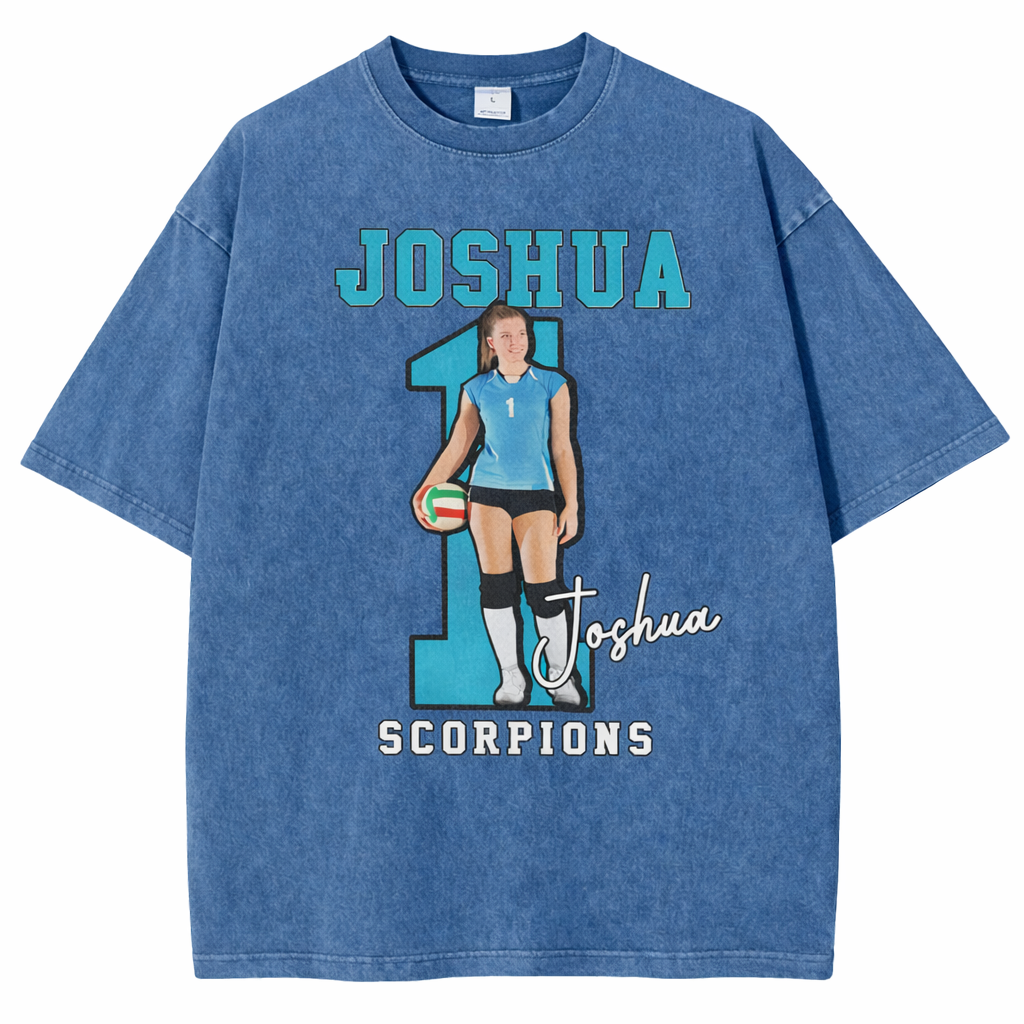 Personalized Volleyball Pattern Unisex Fit Washed T-Shirt  – Custom Name & Number Game Day Tee
