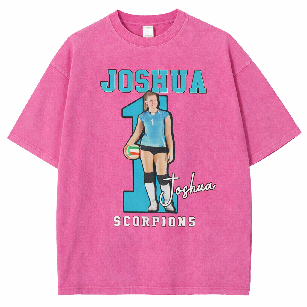 Personalized Volleyball Pattern Unisex Fit Washed T-Shirt  – Custom Name & Number Game Day Tee