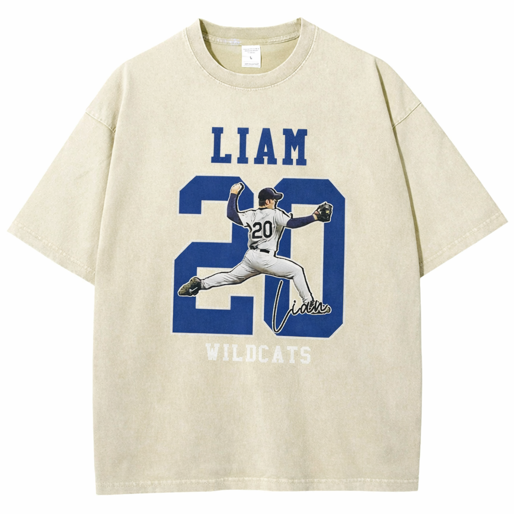 Personalized Baseball Pattern Unisex Fit Washed T-Shirt  – Custom Name & Number Game Day Tee