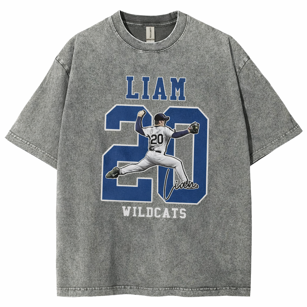 Personalized Baseball Pattern Unisex Fit Washed T-Shirt  – Custom Name & Number Game Day Tee