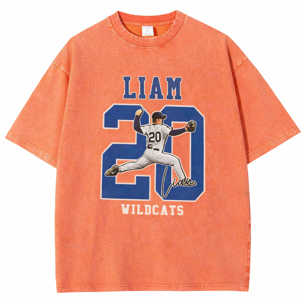 Personalized Baseball Pattern Unisex Fit Washed T-Shirt  – Custom Name & Number Game Day Tee