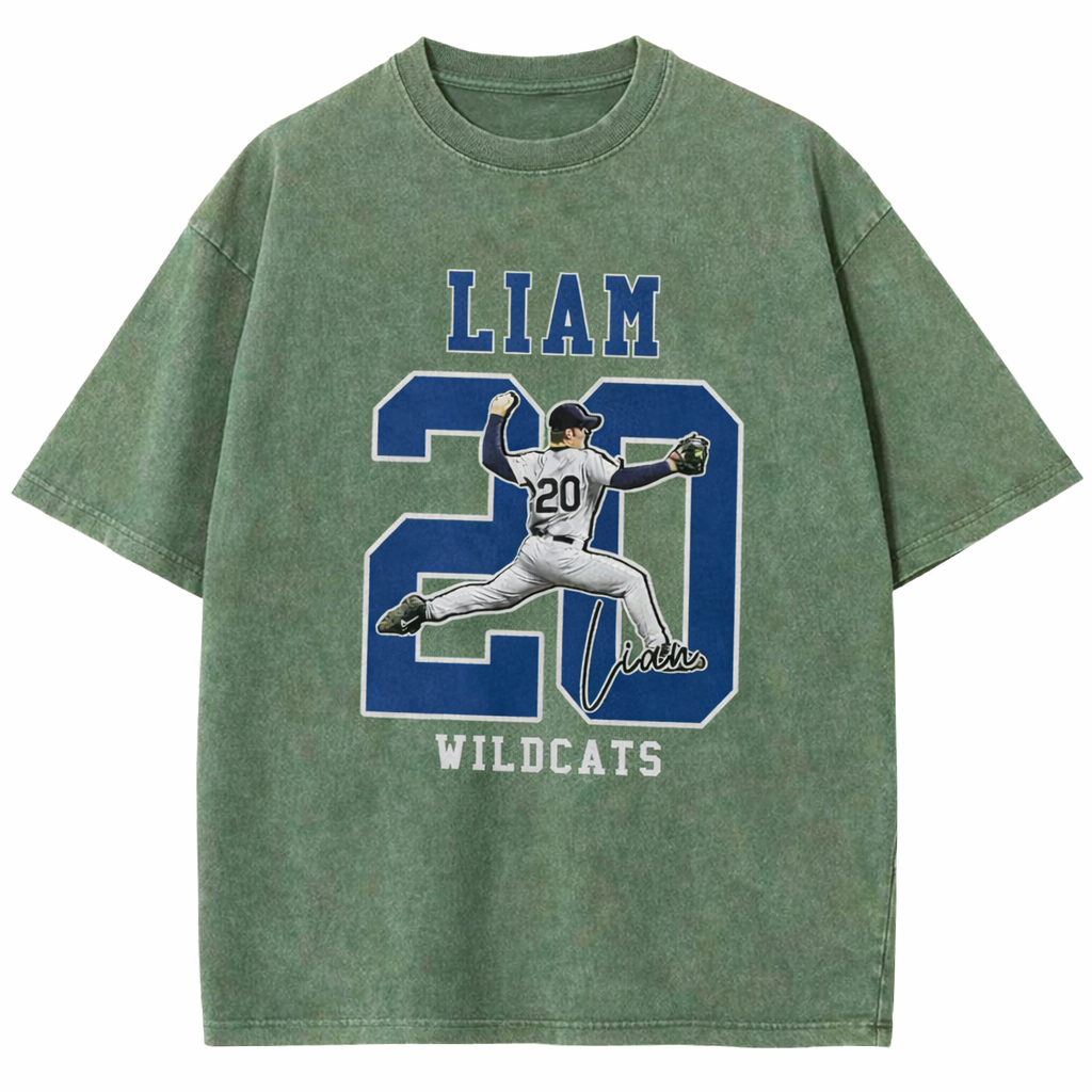 Personalized Baseball Pattern Unisex Fit Washed T-Shirt  – Custom Name & Number Game Day Tee