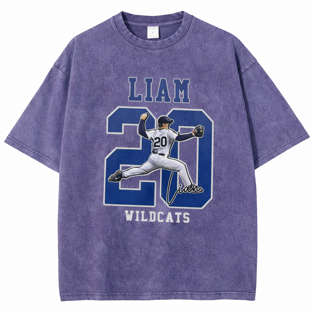 Personalized Baseball Pattern Unisex Fit Washed T-Shirt  – Custom Name & Number Game Day Tee