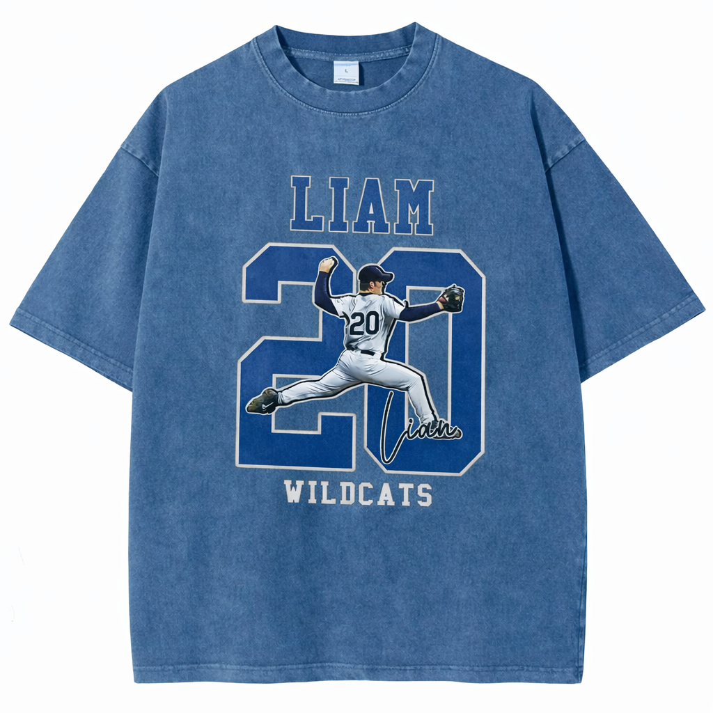 Personalized Baseball Pattern Unisex Fit Washed T-Shirt  – Custom Name & Number Game Day Tee