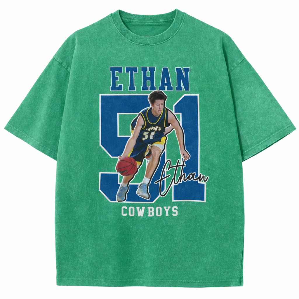 Personalized Basketball Pattern Unisex Fit Washed T-Shirt  – Custom Name & Number Game Day Tee