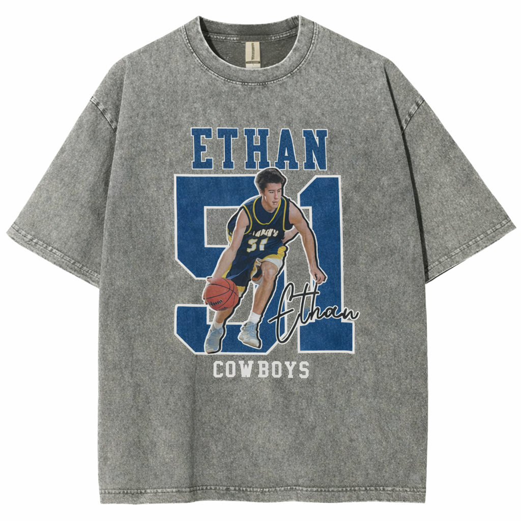 Personalized Basketball Pattern Unisex Fit Washed T-Shirt  – Custom Name & Number Game Day Tee