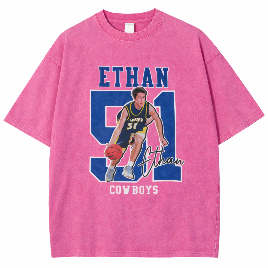 Personalized Basketball Pattern Unisex Fit Washed T-Shirt  – Custom Name & Number Game Day Tee