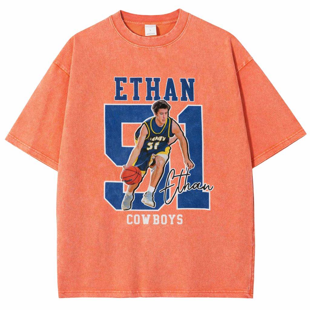 Personalized Basketball Pattern Unisex Fit Washed T-Shirt  – Custom Name & Number Game Day Tee