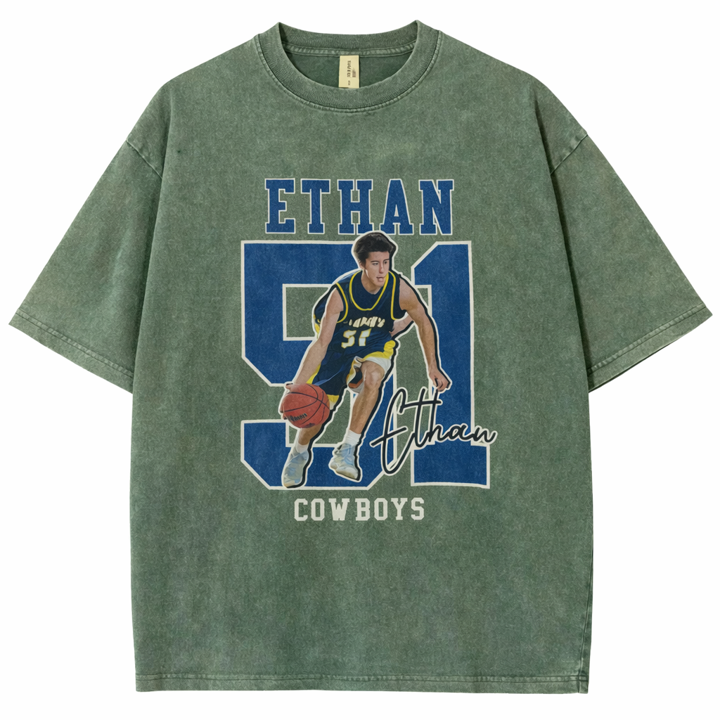 Personalized Basketball Pattern Unisex Fit Washed T-Shirt  – Custom Name & Number Game Day Tee