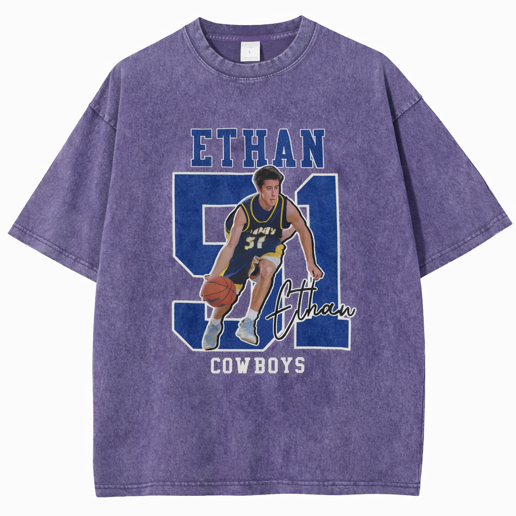 Personalized Basketball Pattern Unisex Fit Washed T-Shirt  – Custom Name & Number Game Day Tee