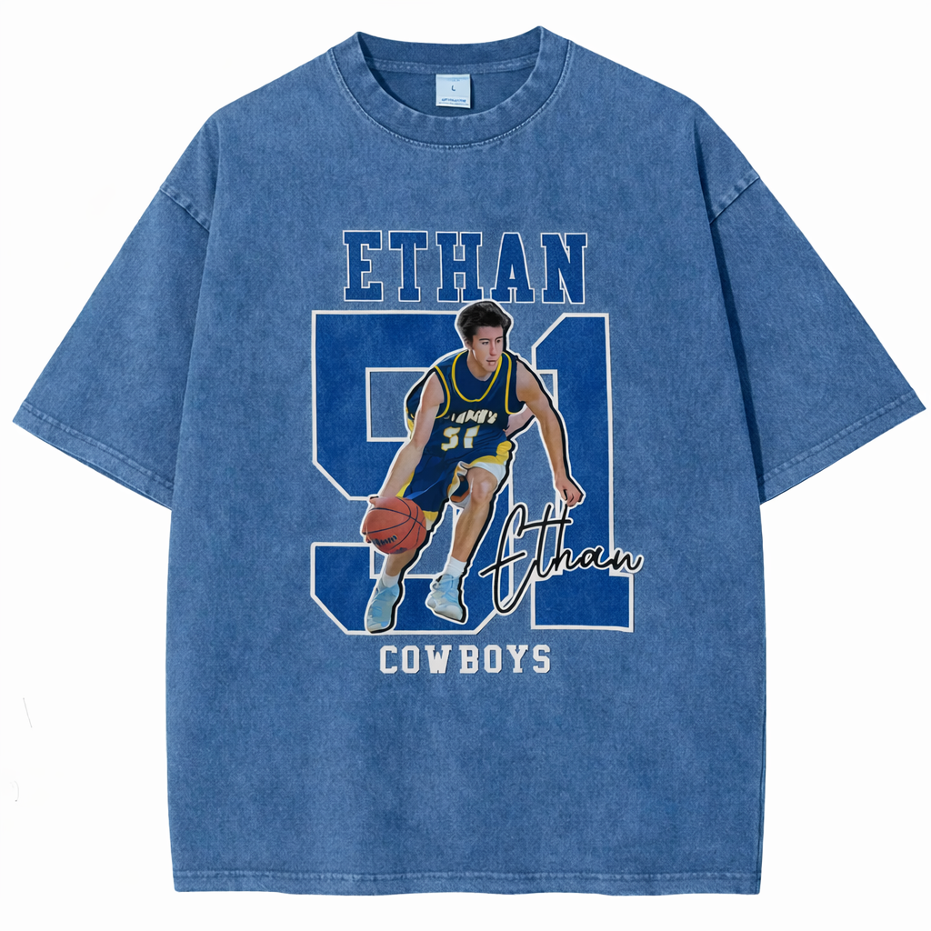 Personalized Basketball Pattern Unisex Fit Washed T-Shirt  – Custom Name & Number Game Day Tee