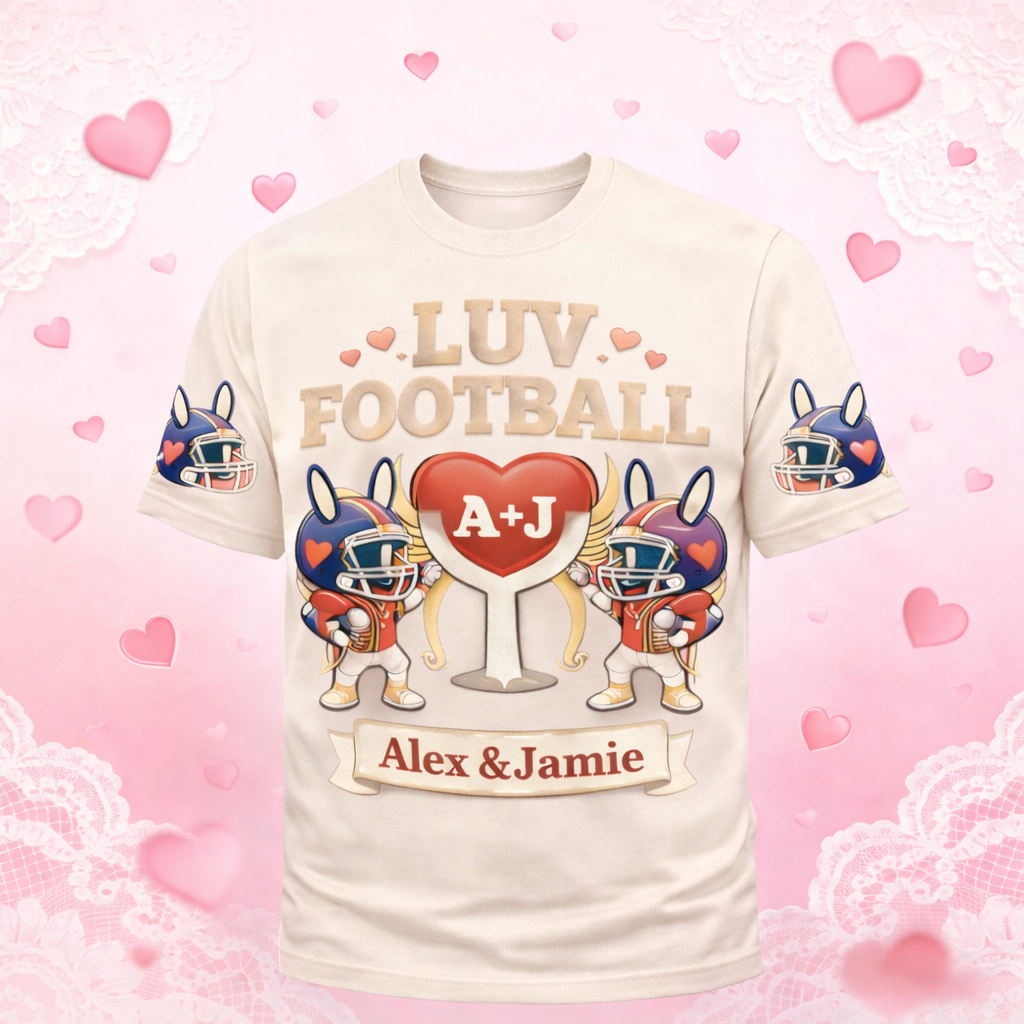 Personalized Bunny Love Football T-Shirt – Custom Names & Year Gift for Couples