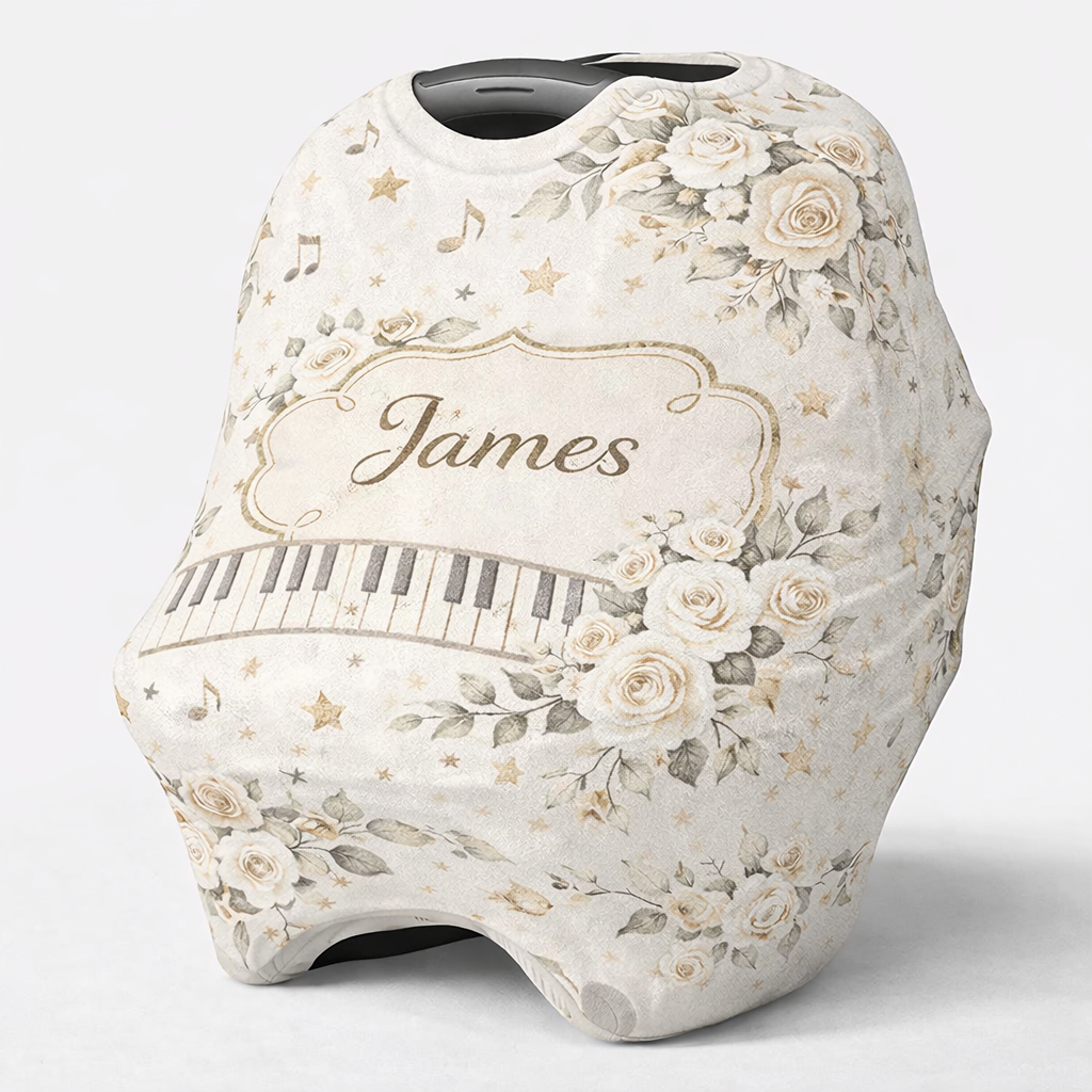 Personalized Baby Piano Keyboard & Vintage Floral Design Car Seat Cover with Name