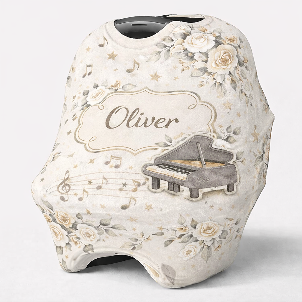 Personalized Baby Piano & Vintage Floral Music Theme Car Seat Cover with Name