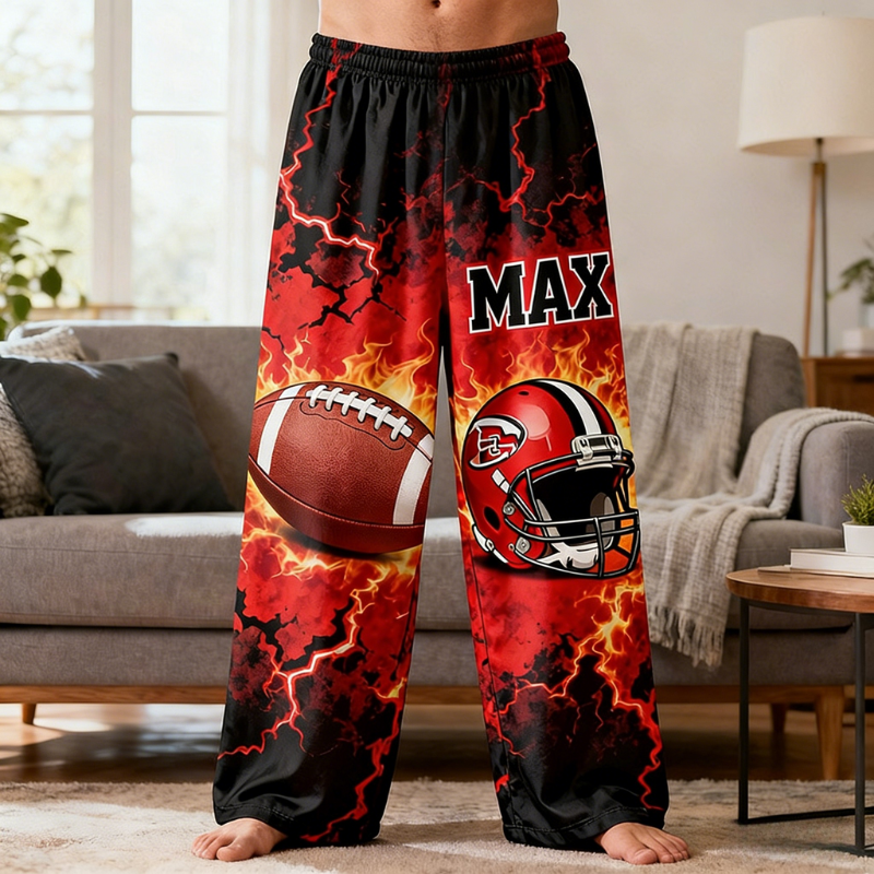 Personalized Football Print Themed Casual Pajama Pants with Custom Name for Football Lovers