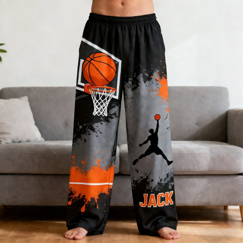 Personalized Basketball Print Themed Casual Pajama Pants with Custom Name for Basketball Lovers and Kid
