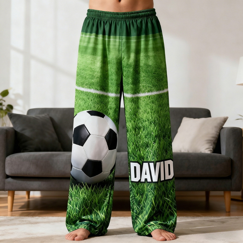 Personalized Soccer Print Themed Casual Pajama Pants with Custom Name for Soccer Lovers and Kid