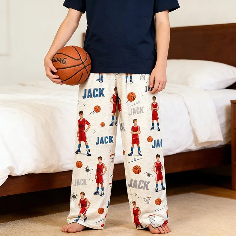 Personalized Basketball Print Themed Casual Pajama Pants with Photo and Custom Name Design for Basketball Lovers