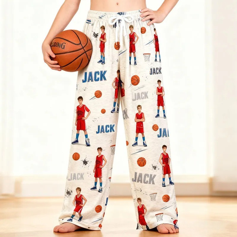 Personalized Basketball Print Themed Casual Pajama Pants with Photo and Custom Name Design for Basketball Lovers