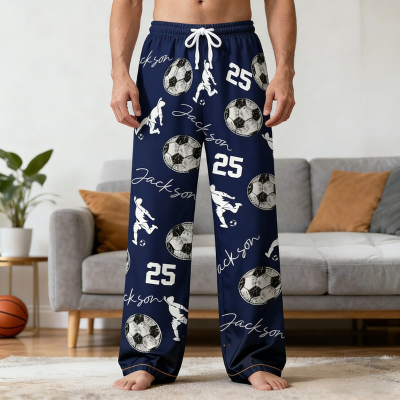 Personalized Soccer Print Themed Casual Pajama Pants with Custom Name and Number for Family Pajamas