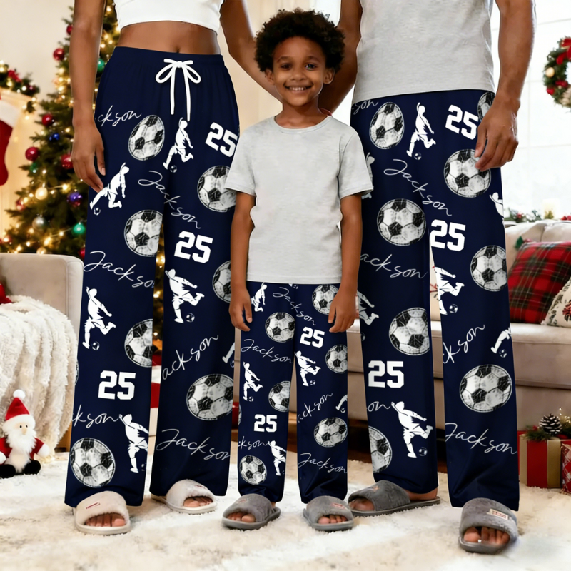 Personalized Soccer Print Themed Casual Pajama Pants with Custom Name and Number for Family Pajamas