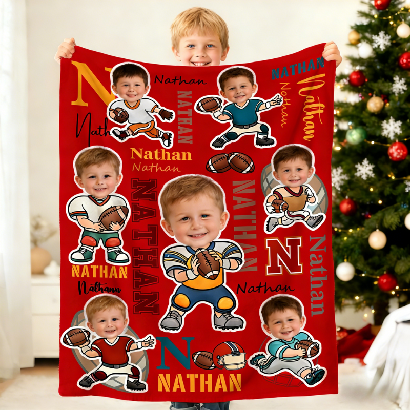 Personalized Football Cartoon Character Face Photo Soft Throw Blanket with Name Home Decor Birthday Game Day Gift for Football Lovers