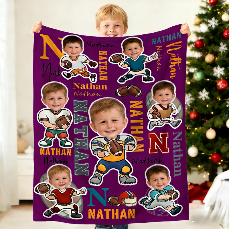 Personalized Football Cartoon Character Face Photo Soft Throw Blanket with Name Home Decor Birthday Game Day Gift for Football Lovers
