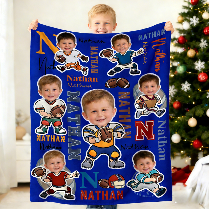 Personalized Football Cartoon Character Face Photo Soft Throw Blanket with Name Home Decor Birthday Game Day Gift for Football Lovers