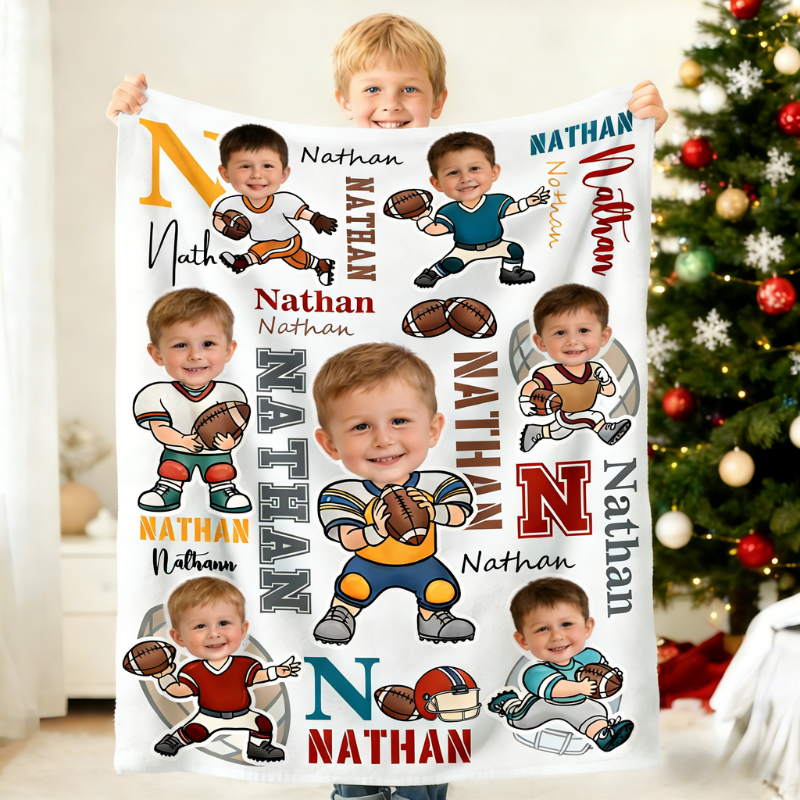 Personalized Football Cartoon Character Face Photo Soft Throw Blanket with Name Home Decor Birthday Game Day Gift for Football Lovers