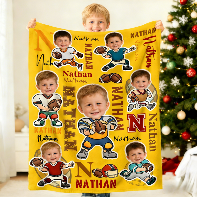 Personalized Football Cartoon Character Face Photo Soft Throw Blanket with Name Home Decor Birthday Game Day Gift for Football Lovers