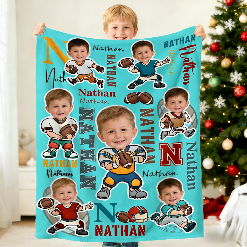 Personalized Football Cartoon Character Face Photo Soft Throw Blanket with Name Home Decor Birthday Game Day Gift for Football Lovers