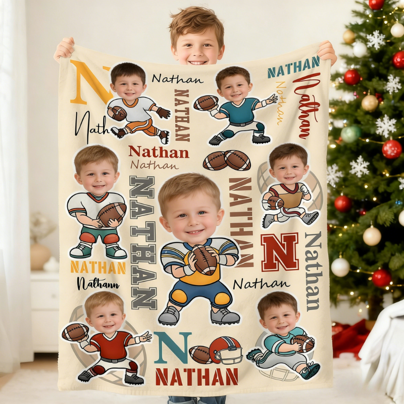 Personalized Football Cartoon Character Face Photo Soft Throw Blanket with Name Home Decor Birthday Game Day Gift for Football Lovers