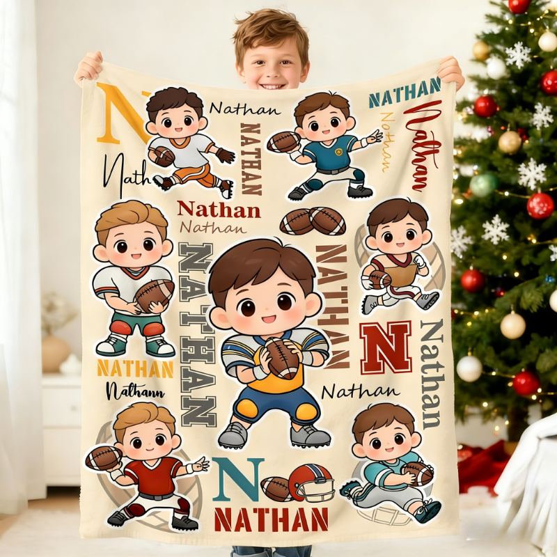 Personalized Football Cartoon Character Face Photo Soft Throw Blanket with Name Home Decor Birthday Game Day Gift for Football Lovers