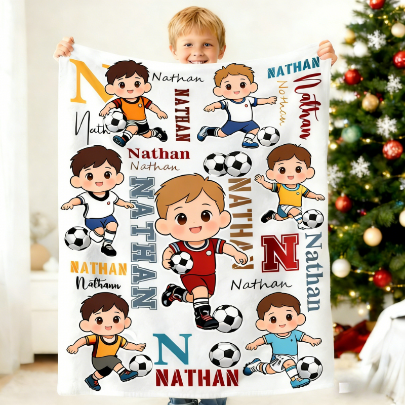 Personalized Soccer Cartoon Character Face Photo Soft Throw Blanket with Name Home Decor Birthday Game Day Gift for Soccer Lovers