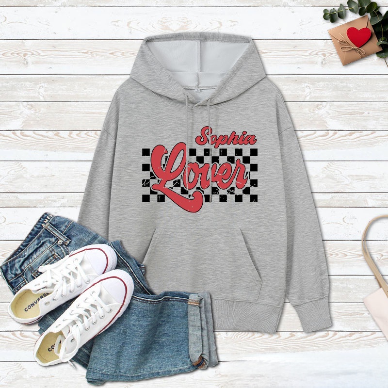 Personalized Couple Retro Checkerboard Lover Valentine's Day Hoodie with Name Couple Sweatshirt for Boyfriend Girlfriend Hubby Wifey Husband Wife