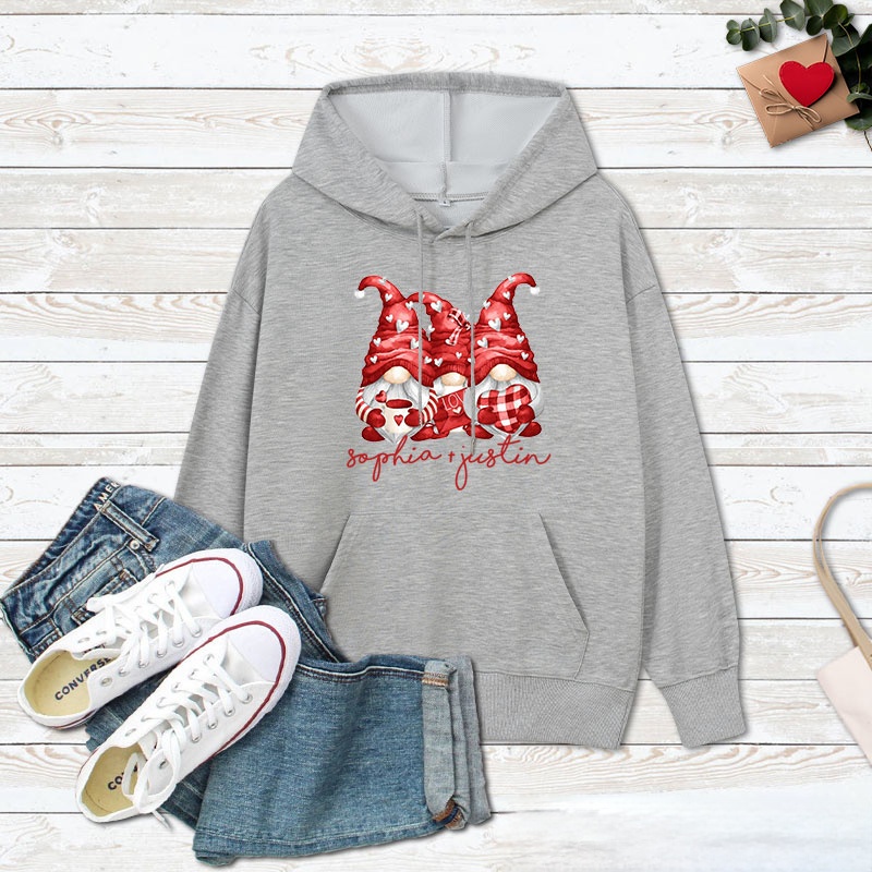 Personalized Couple Three Heart Gnome Valentine's Day Hoodie with Name Couple Sweatshirt for Boyfriend Girlfriend Husband Wife Hubby Wifey