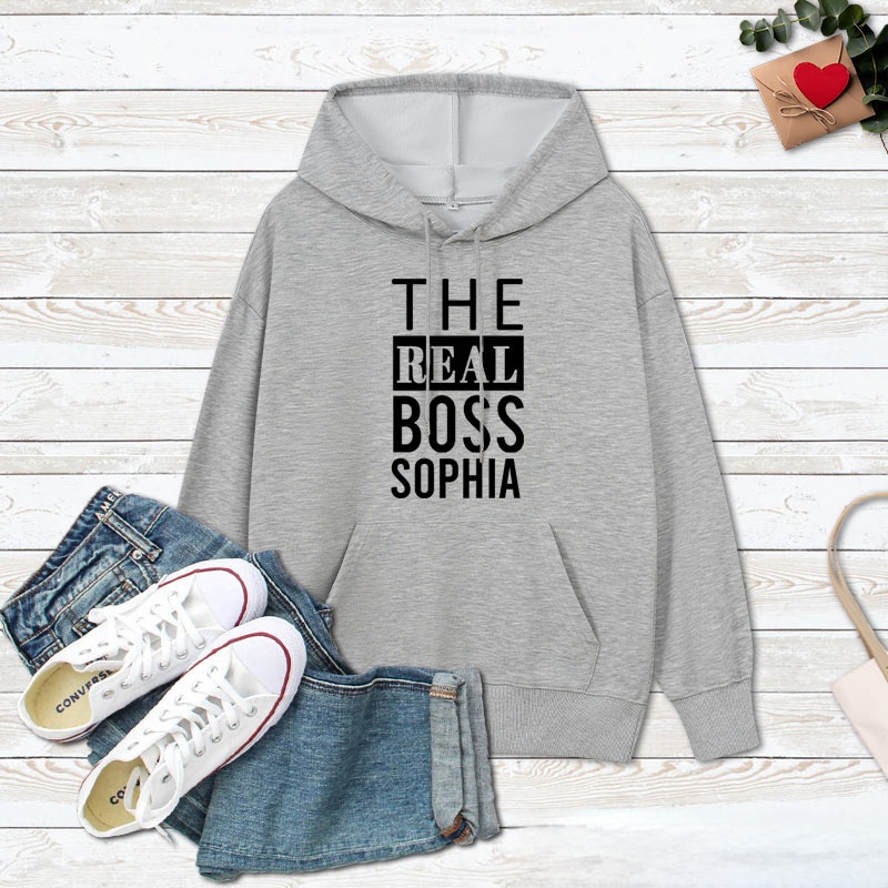 Personalized Couple Minimalist The Boss and The Real Boss Hoodie with Name Couple Valentine's Day Sweatshirt for Boyfriend Girlfriend Husband Wife