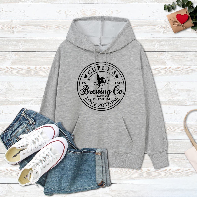 Personalized Couple Cupid's Brewing Co. Hoodie with Name Couple Valentine's Day Sweatshirt for Boyfriend Girlfriend Husband Wife