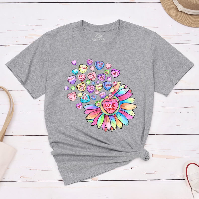Personalized Couple Colorful Flower and Candy Matching T-Shirt Valentine's Day T-Shirt for Husband Wife Boyfriend Girlfriend Gift for Hubby Wifey